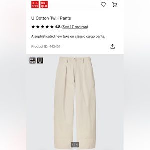 NWOT Uniqlo U Cotton Twill Pants, Sz 2